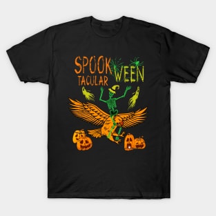 Halloween Skeleton Riding Eagle Spook Tacular Ween T-Shirt